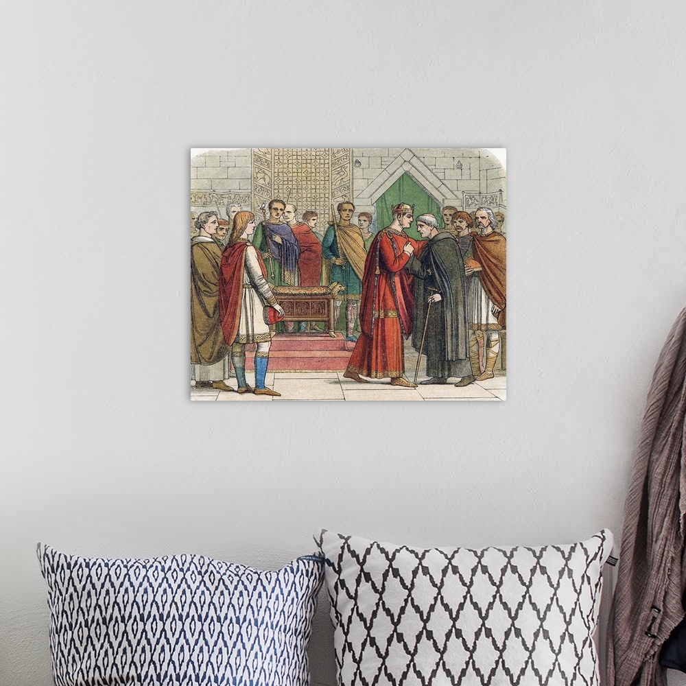 A bohemian room featuring William the Conqueror greeting English leaders