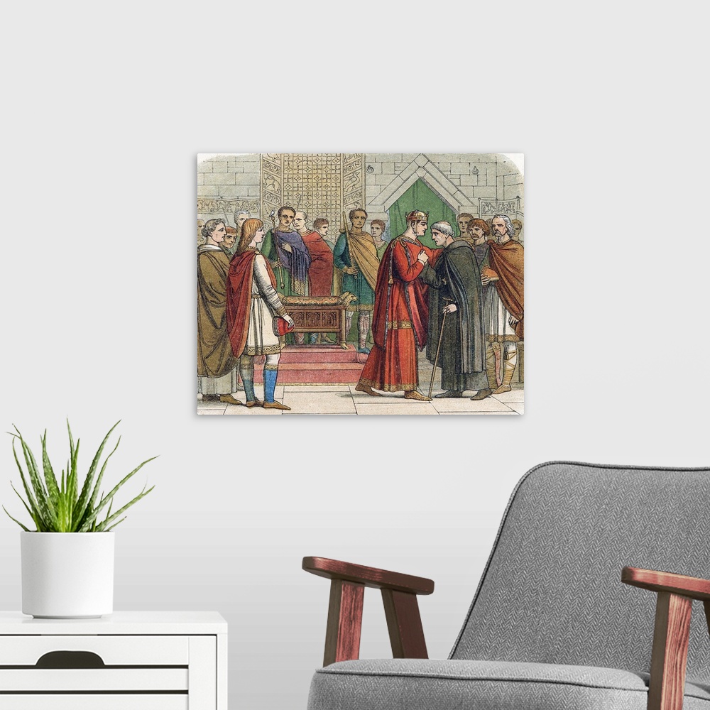 A modern room featuring William the Conqueror greeting English leaders