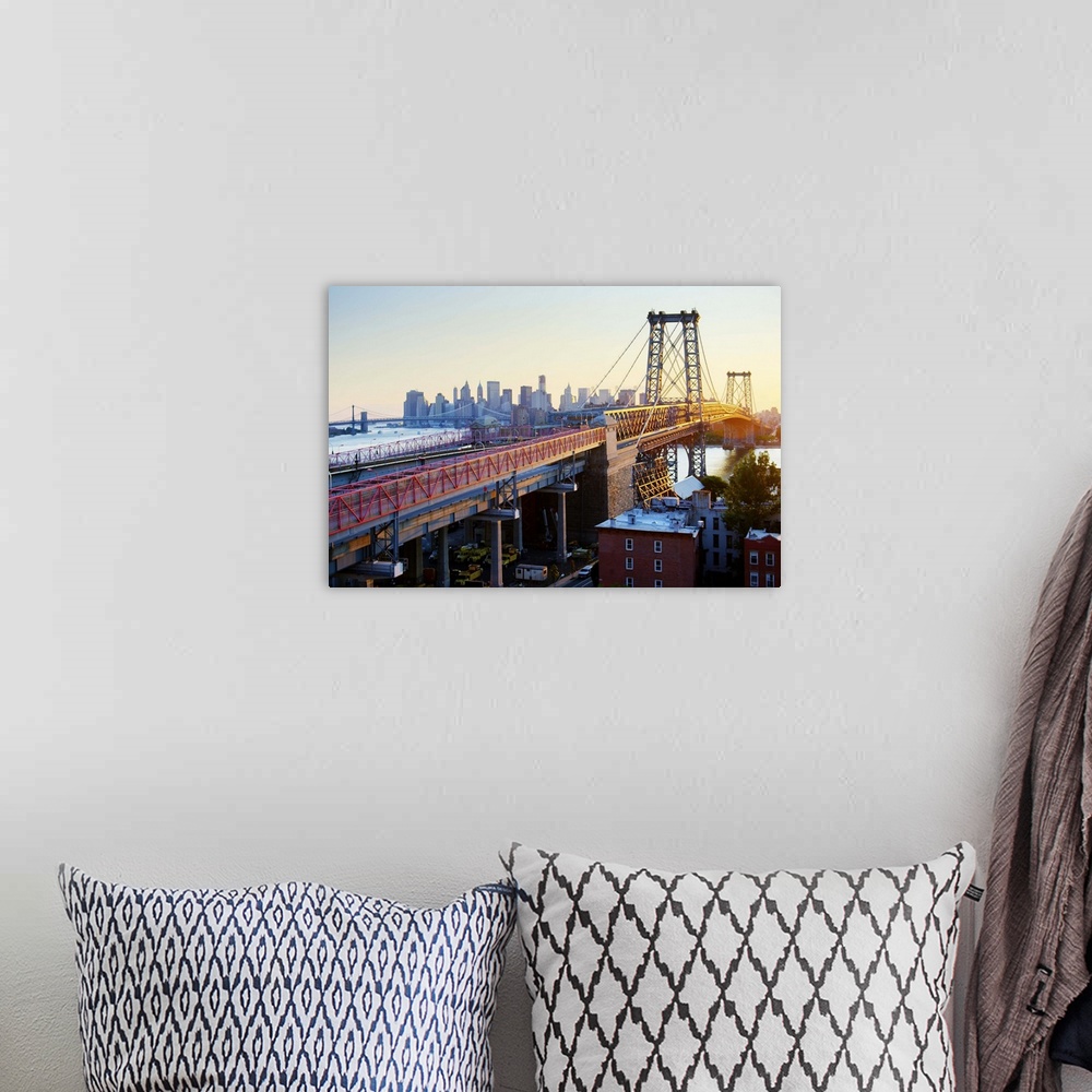A bohemian room featuring Williamsburg bridge and downtown Manhattan skyline in Brooklyn.