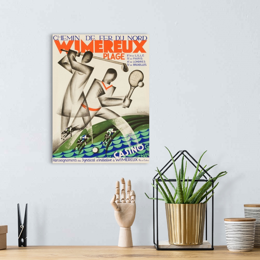 A bohemian room featuring ca 1920s French travel poster, Chemin de fer Nord Wimereux. Art deco stylied golf and tennis play...