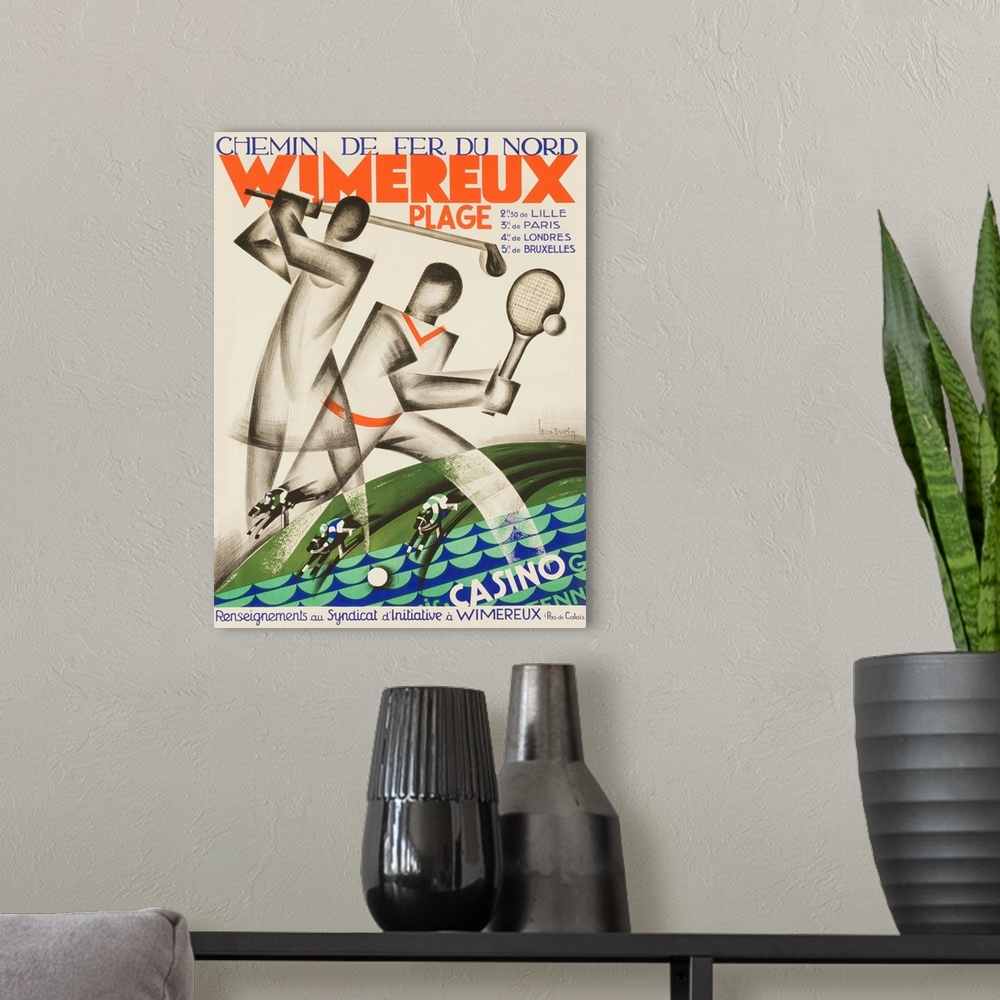 A modern room featuring ca 1920s French travel poster, Chemin de fer Nord Wimereux. Art deco stylied golf and tennis play...