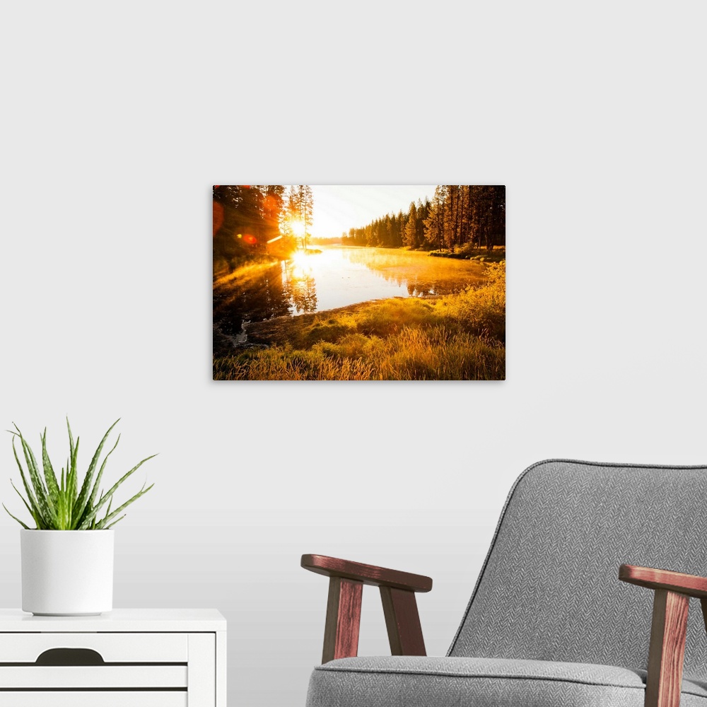 A modern room featuring Winchester Lake at sunrise with forest and lens flare, Winchester, Idaho, USA