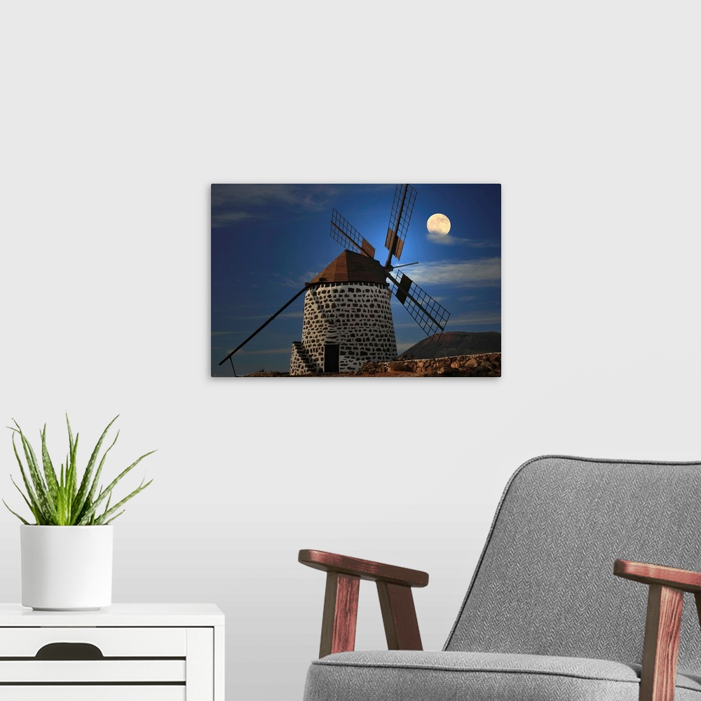 A modern room featuring Windmill against sky with full moon, Killkenny, Leinster.