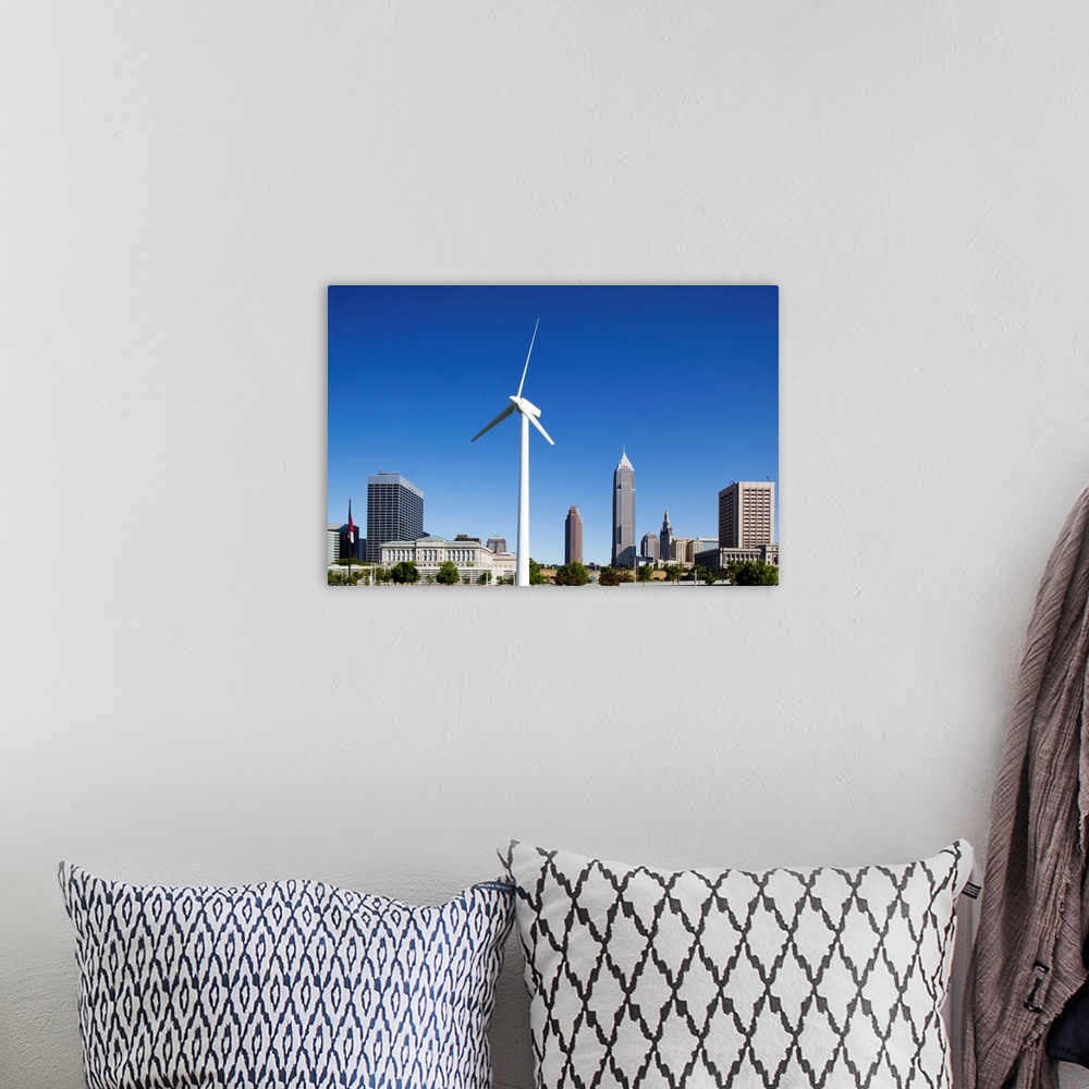 A bohemian room featuring USA, Ohio, Cleveland, Wind power generating turbine in park outside Omnimax Science Center along ...