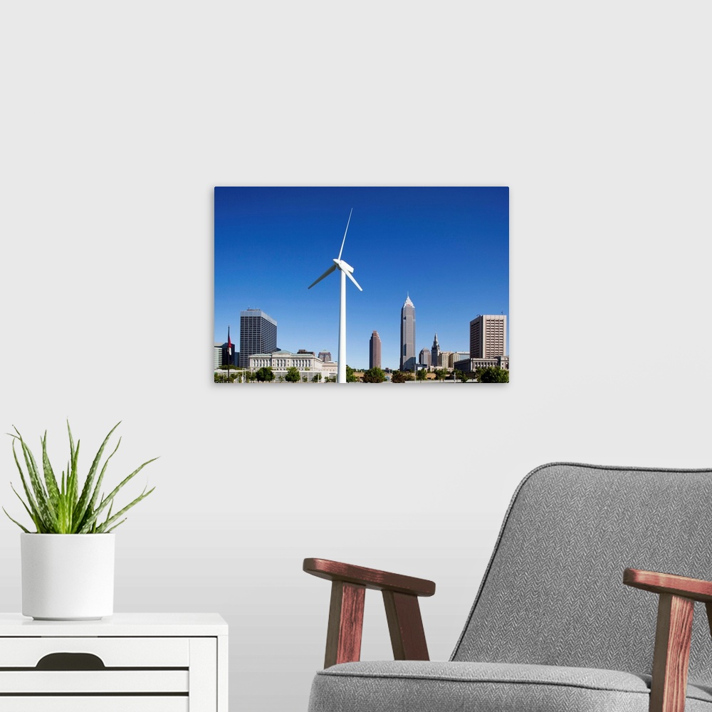 A modern room featuring USA, Ohio, Cleveland, Wind power generating turbine in park outside Omnimax Science Center along ...