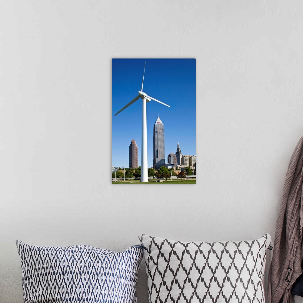 A bohemian room featuring USA, Ohio, Cleveland, Wind power generating turbine in park outside Omnimax Science Center along ...