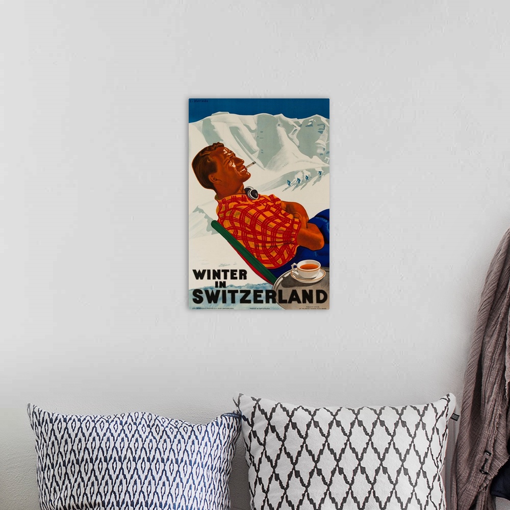 A bohemian room featuring 1938, Ski travel poster showing apres ski poster mountainside smoking and drinking a cup of tea.