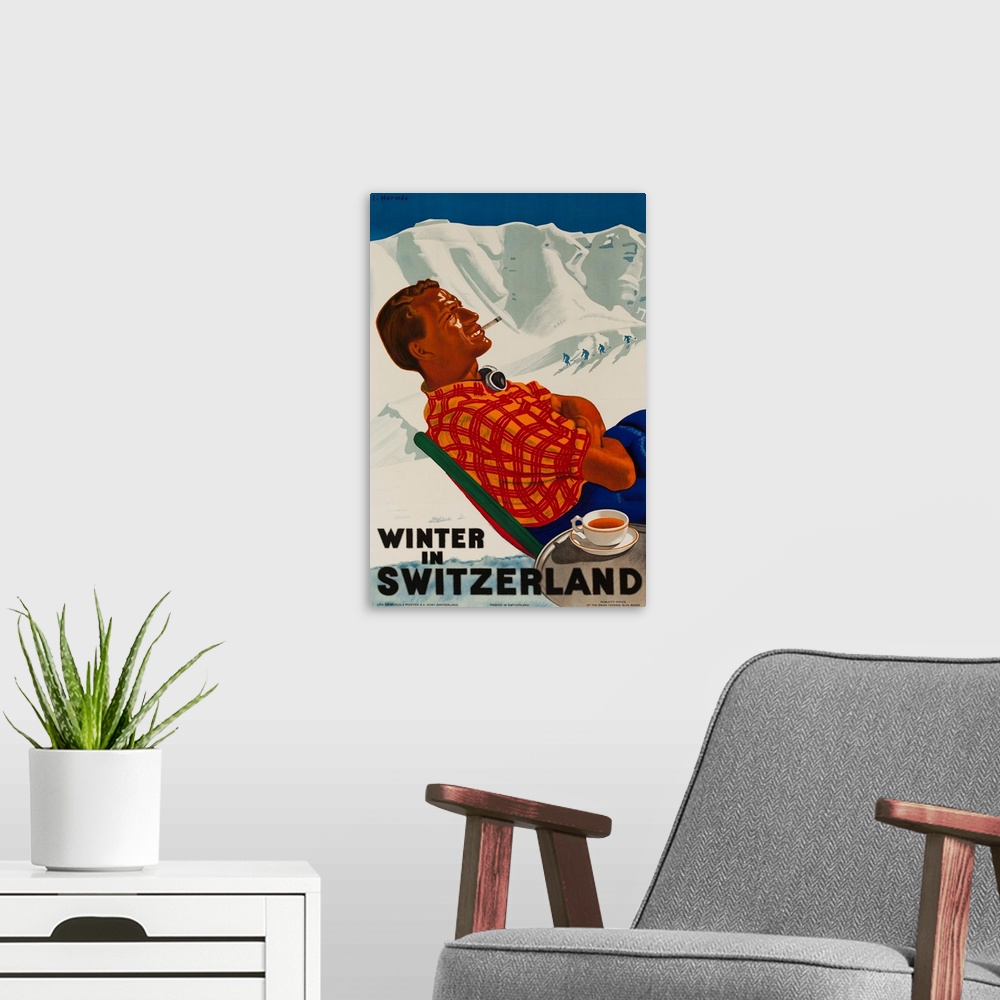 A modern room featuring 1938, Ski travel poster showing apres ski poster mountainside smoking and drinking a cup of tea.
