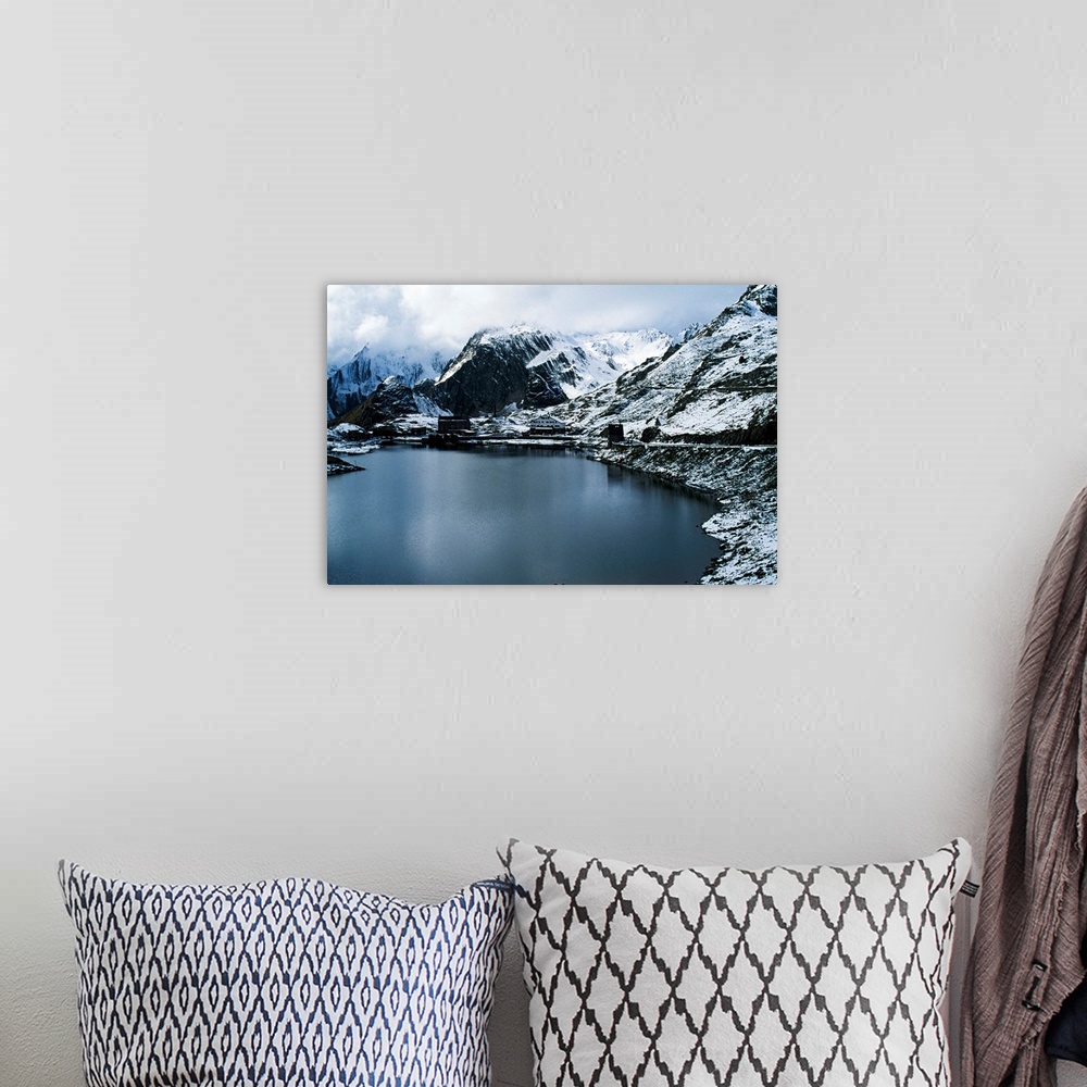 A bohemian room featuring Winter scene, St Bernard Pass, Swiss Alps