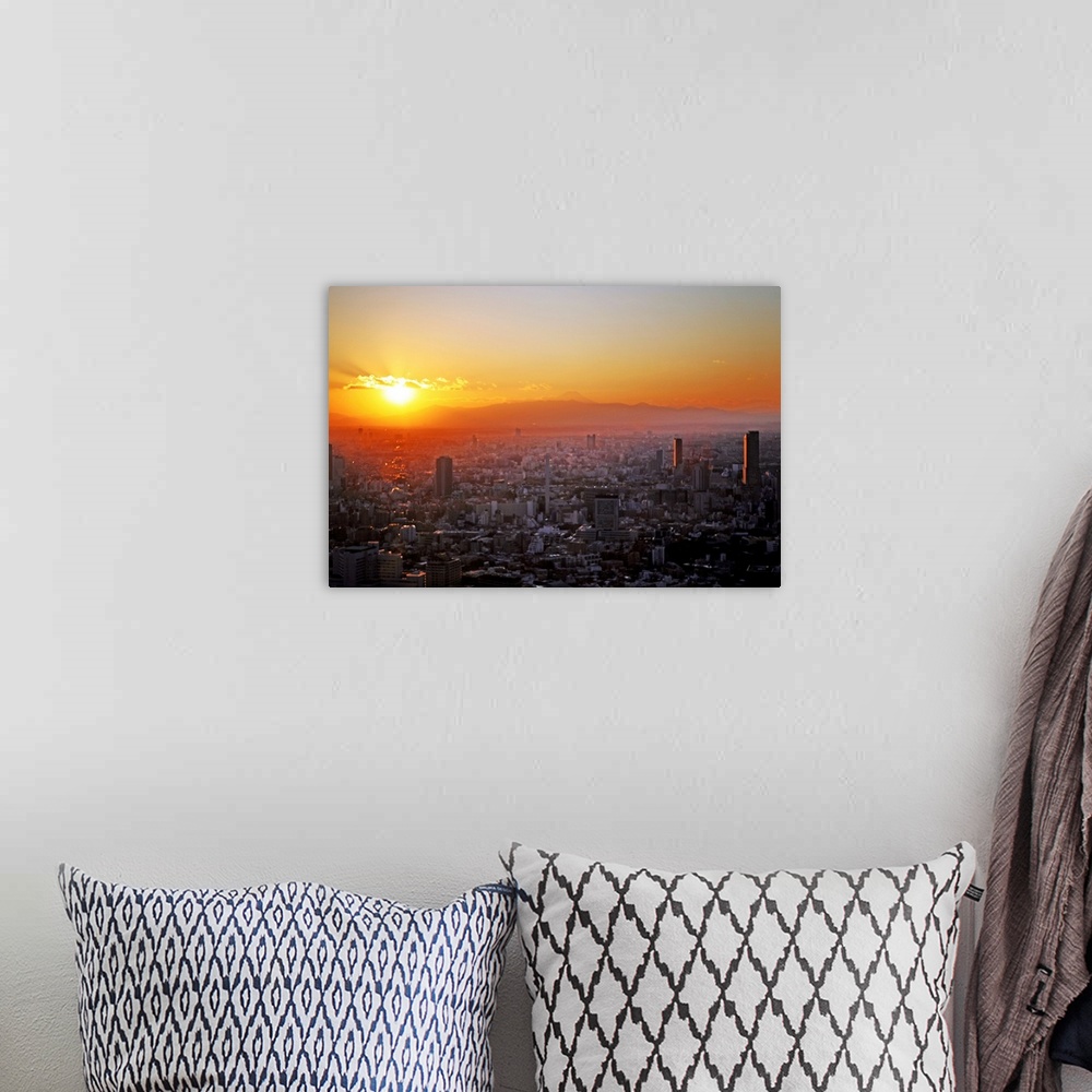 A bohemian room featuring Winter sunset over Tokyo with Mount Fuji in distance, Japan