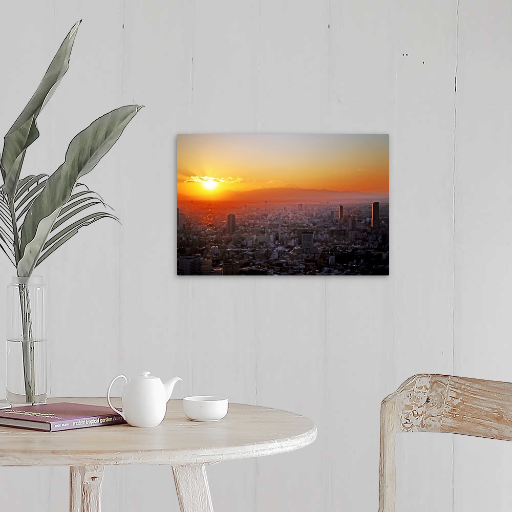 A farmhouse room featuring Winter sunset over Tokyo with Mount Fuji in distance, Japan