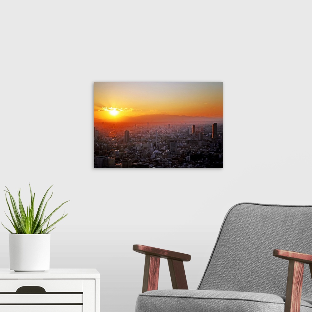A modern room featuring Winter sunset over Tokyo with Mount Fuji in distance, Japan