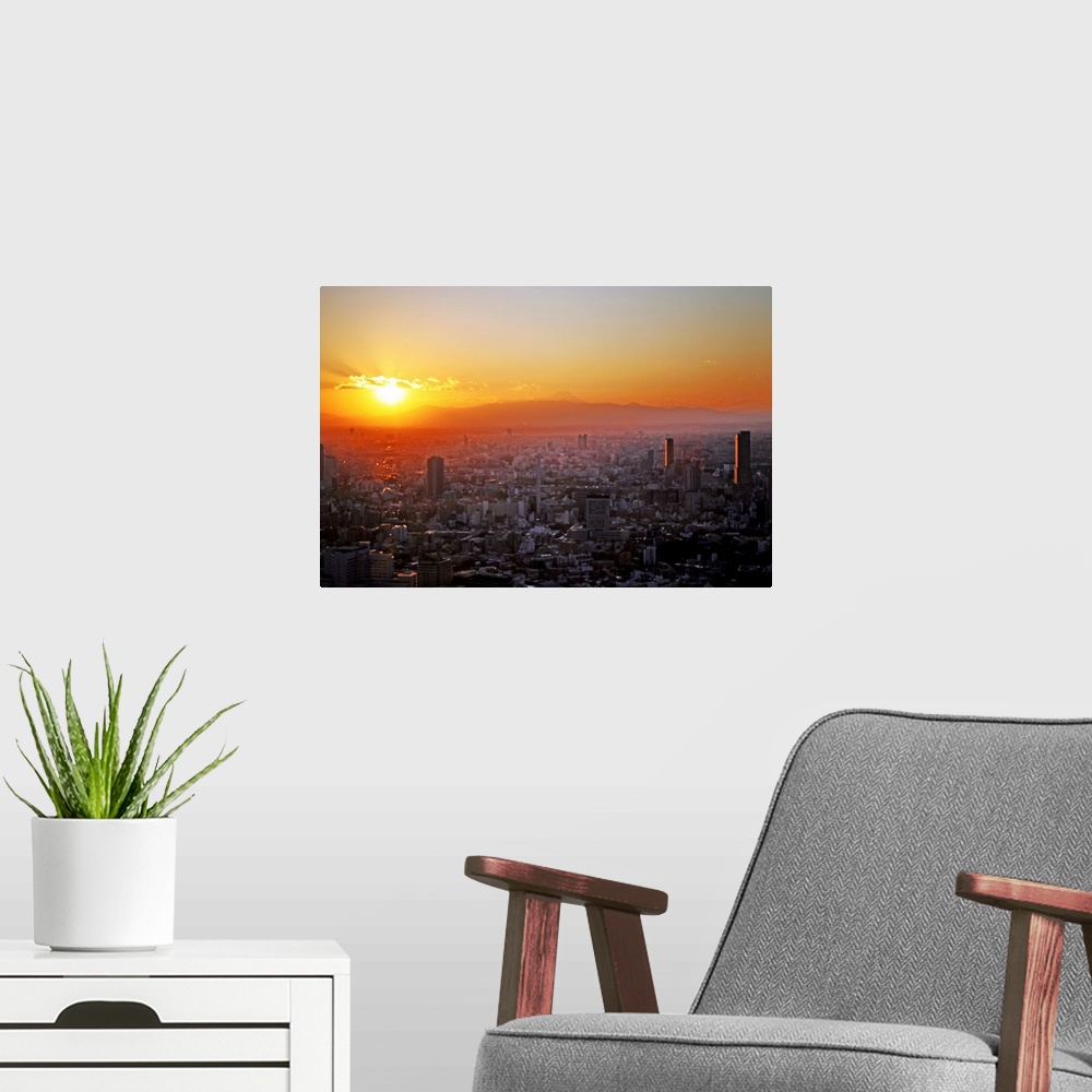 A modern room featuring Winter sunset over Tokyo with Mount Fuji in distance, Japan