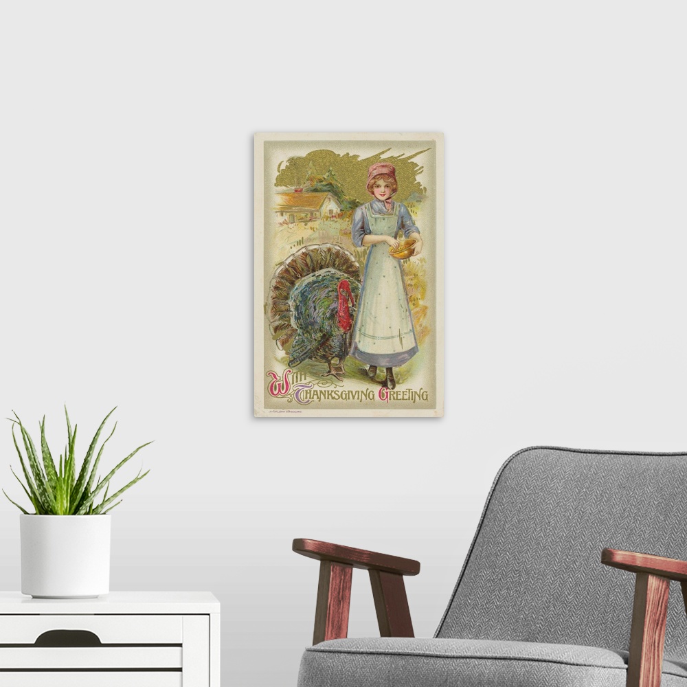 A modern room featuring With Thanksgiving Greeting Postcard