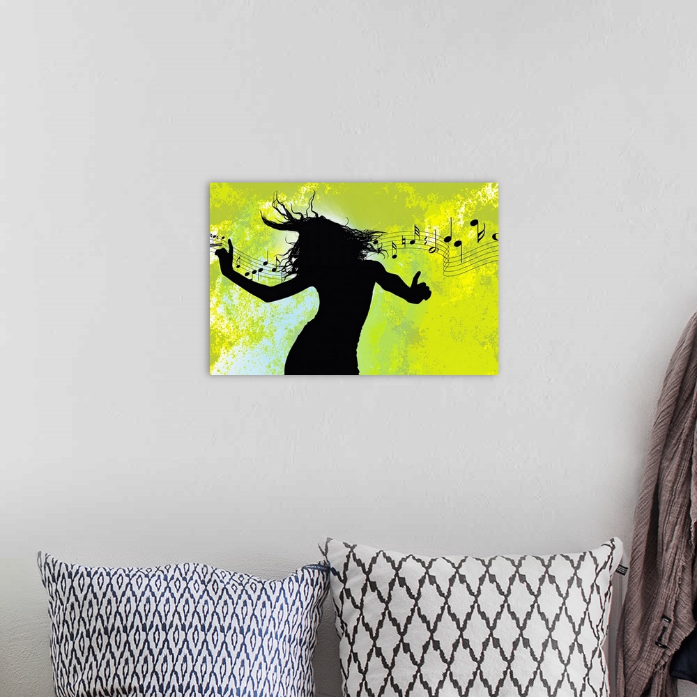 A bohemian room featuring Landscape, giant wall hanging of a silhouette of a woman dancing, behind her flow a staff with mu...