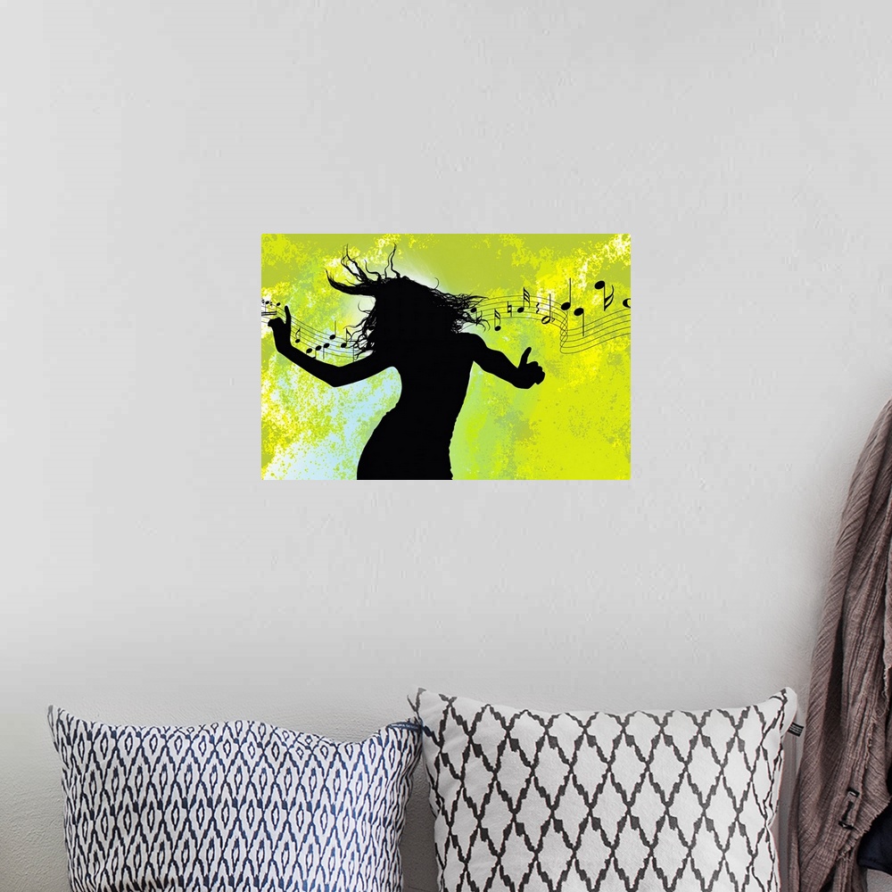 A bohemian room featuring Landscape, giant wall hanging of a silhouette of a woman dancing, behind her flow a staff with mu...