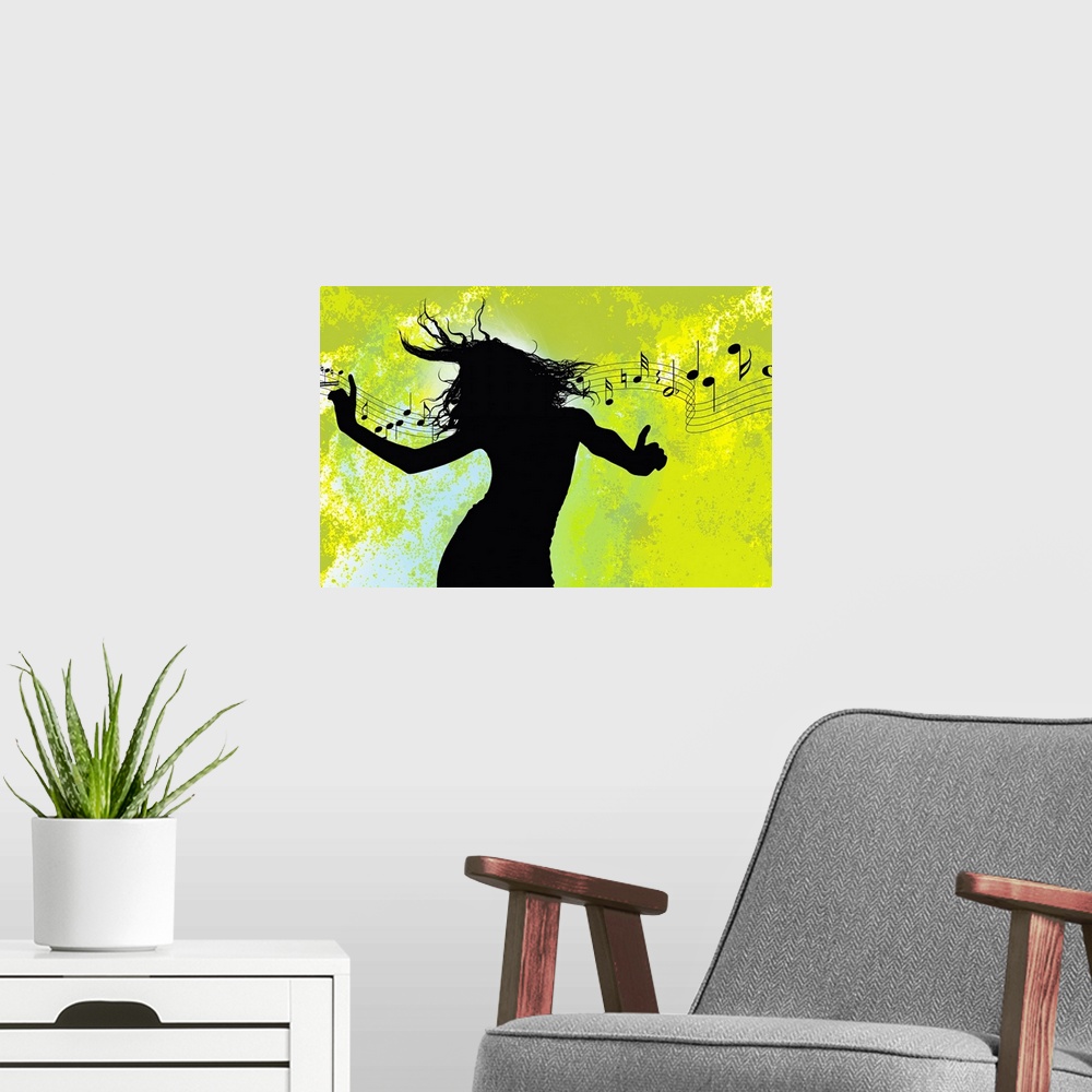 A modern room featuring Landscape, giant wall hanging of a silhouette of a woman dancing, behind her flow a staff with mu...