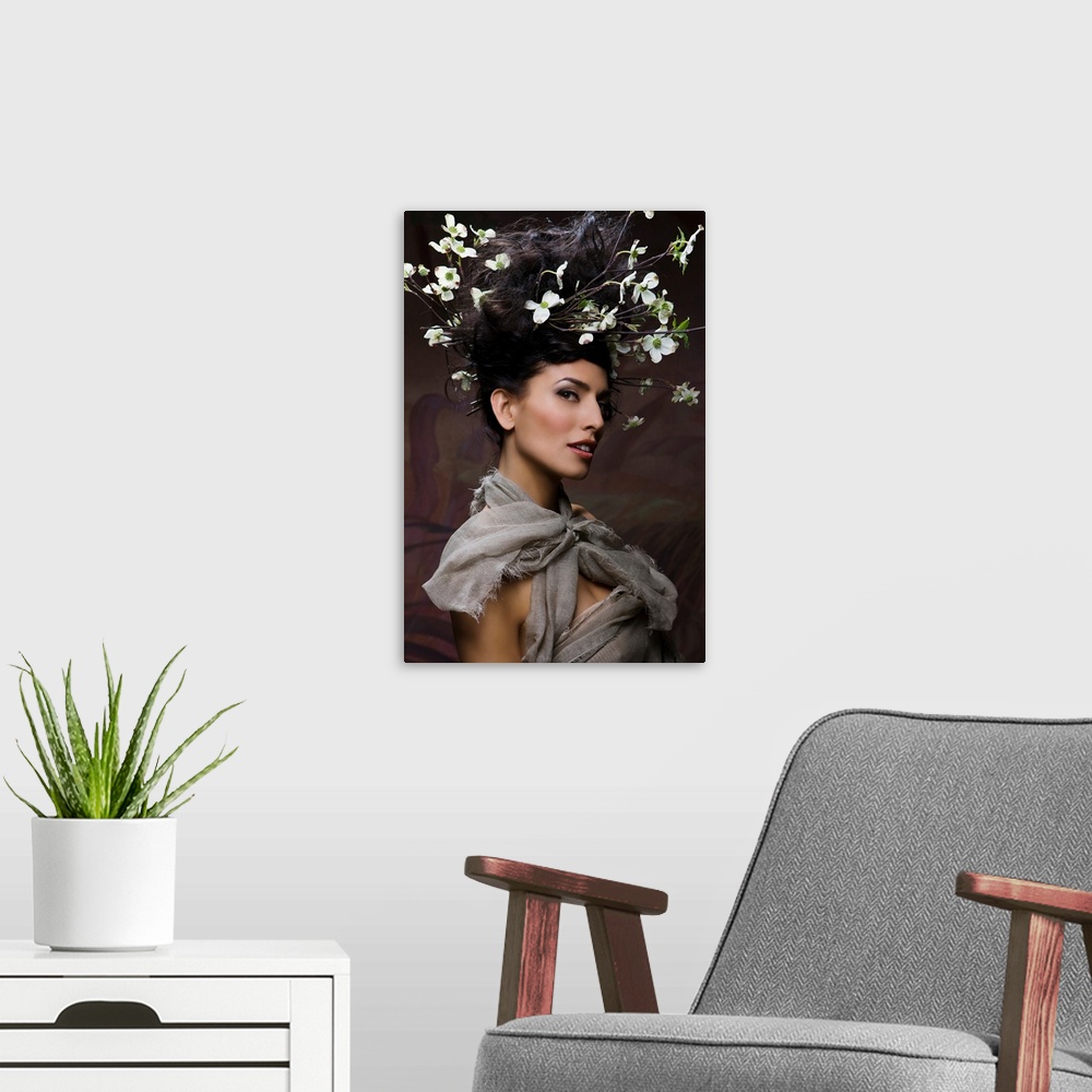 A modern room featuring Beautiful woman with flowering twigs in hair