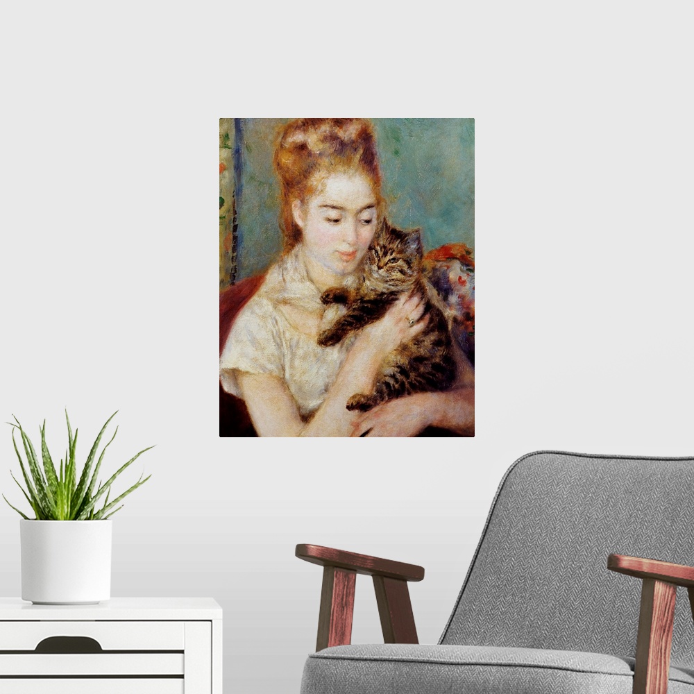 A modern room featuring Woman With A Cat By Pierre-Auguste Renoir