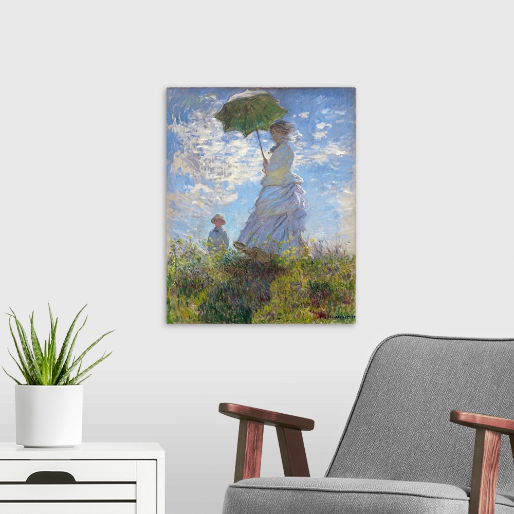 A modern room featuring Claude Monet (French, 1840 - 1926), Woman with a Parasol - Madame Monet and Her Son, 1875. Origin...