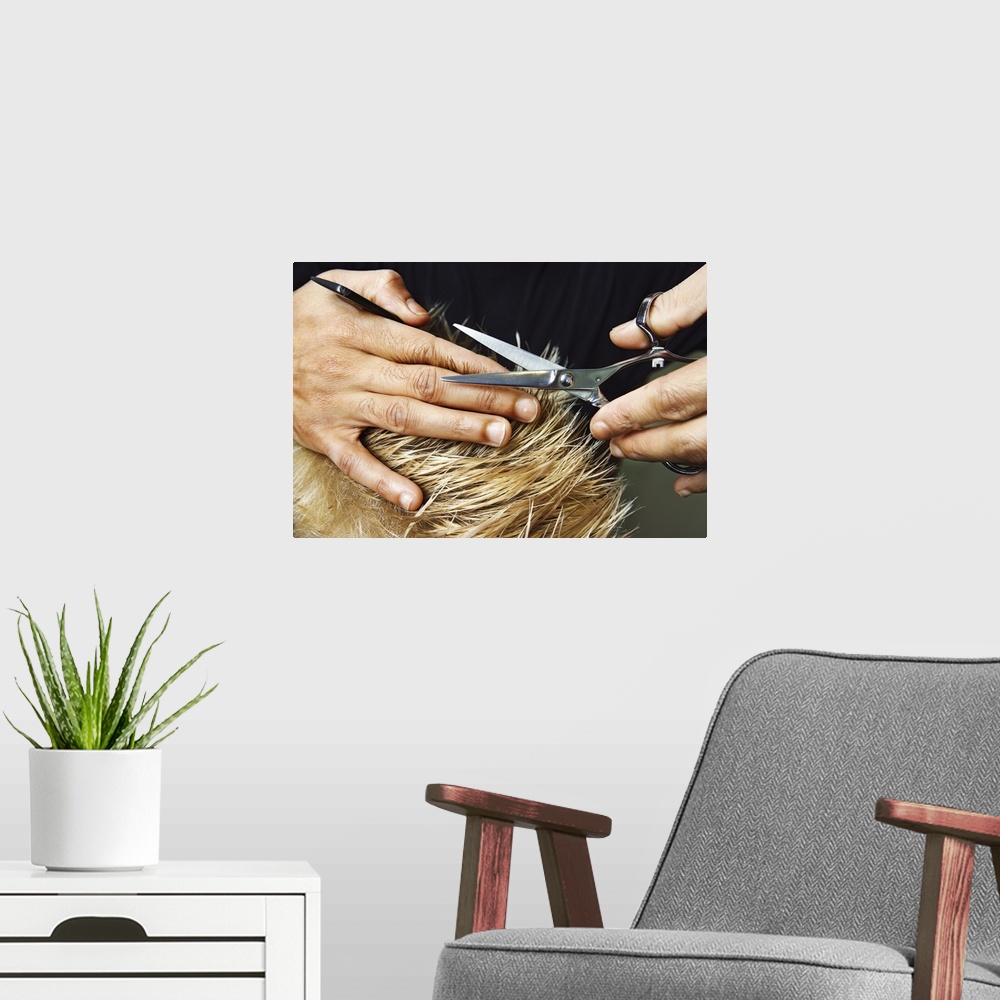 A modern room featuring Woman's hands cutting hair