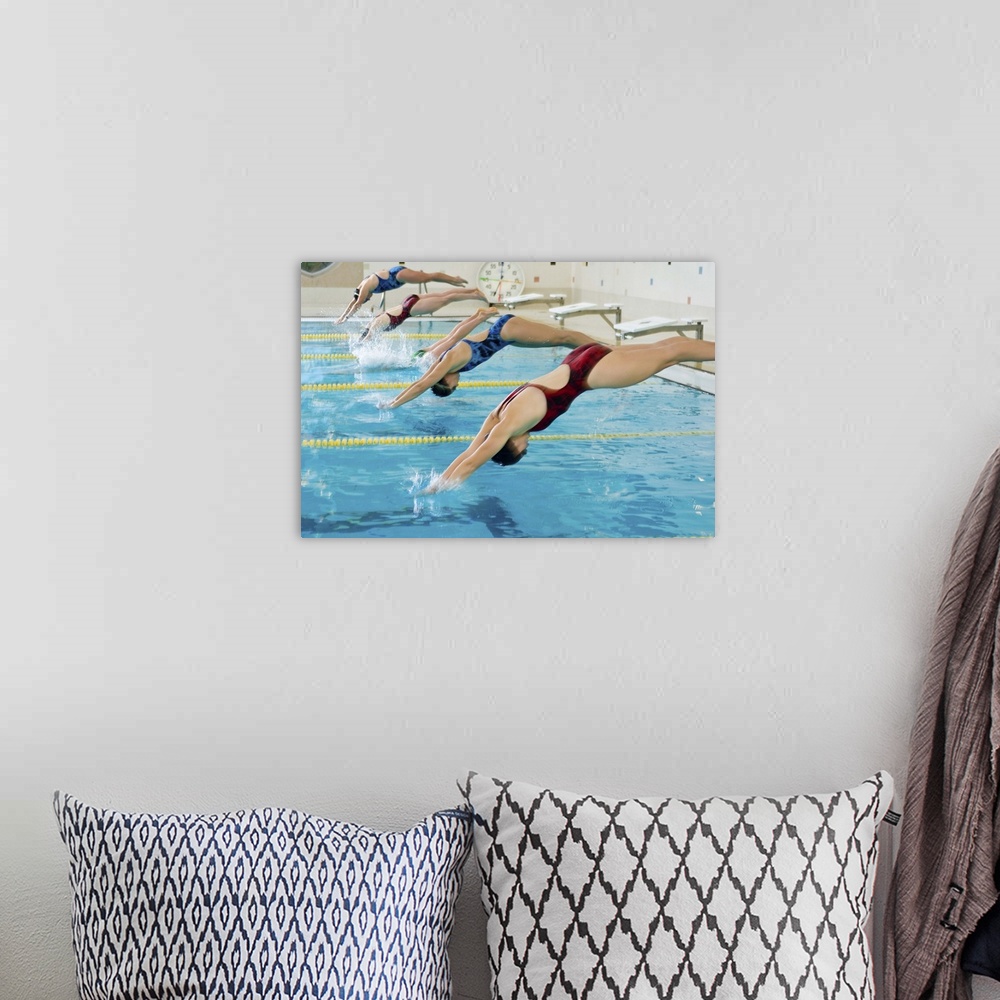 A bohemian room featuring Women swimmers competing in race