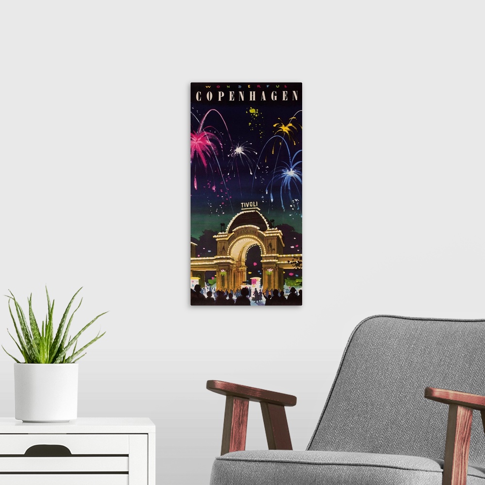 A modern room featuring ca 1960's travel poster of fireworks light night sky over Tivoli Gardens amusement park.