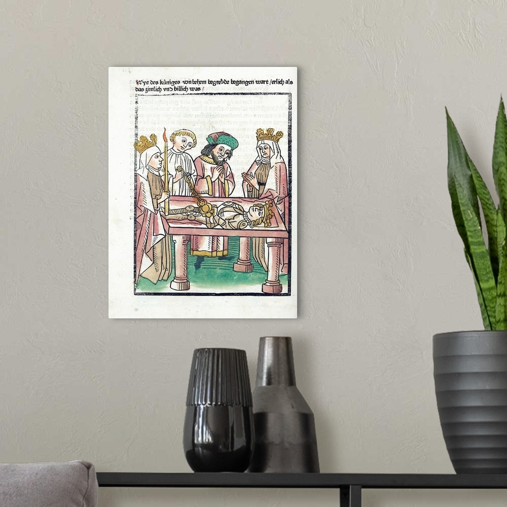 A modern room featuring Illustration of Queen Melusine and her court mourning the fallen king, from a German version of t...