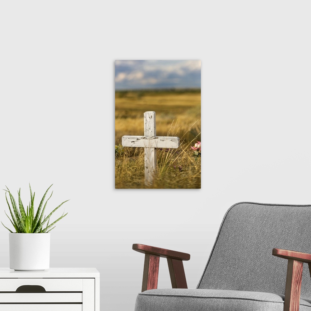 A modern room featuring Wooden cross in cemetery