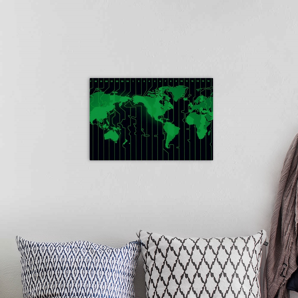A bohemian room featuring World map displaying time zones