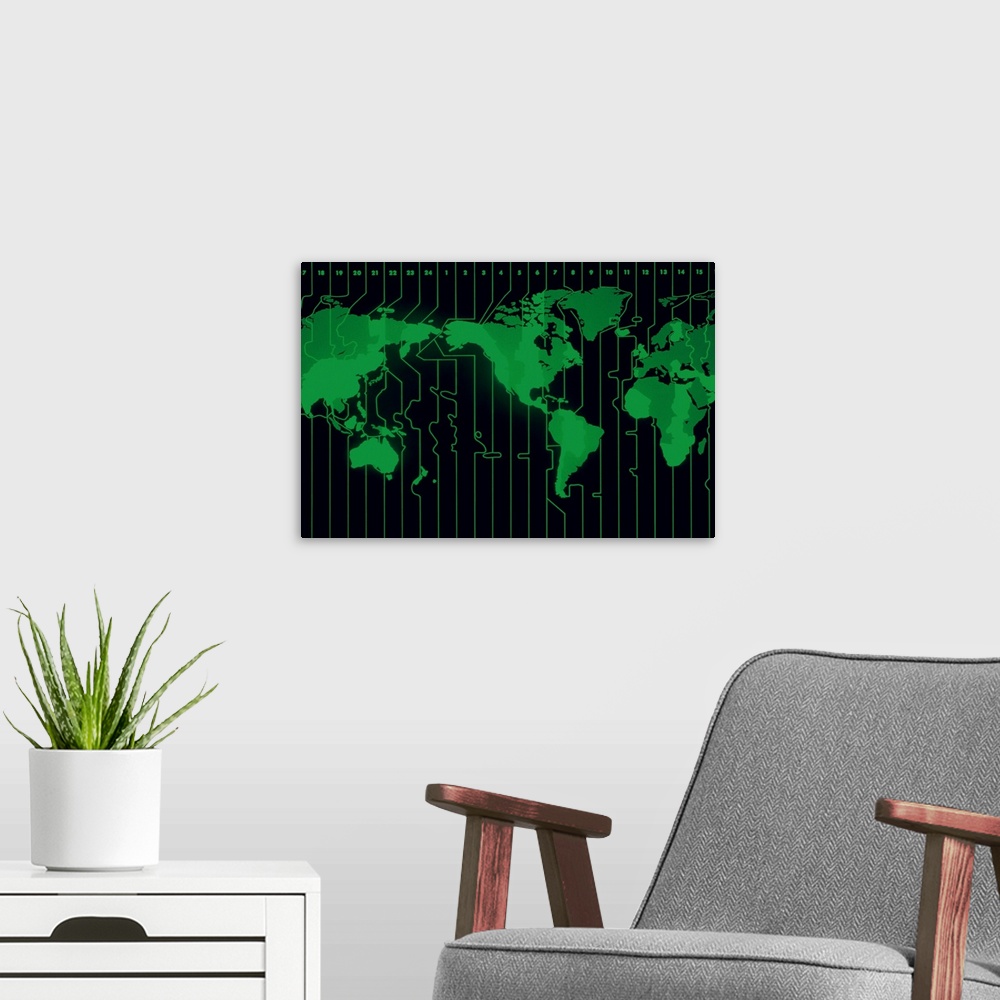 A modern room featuring World map displaying time zones