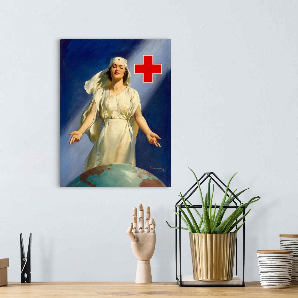A bohemian room featuring Original oil painting for a WWII Red Cross poster with Red Cross nurse standing with open arms ov...