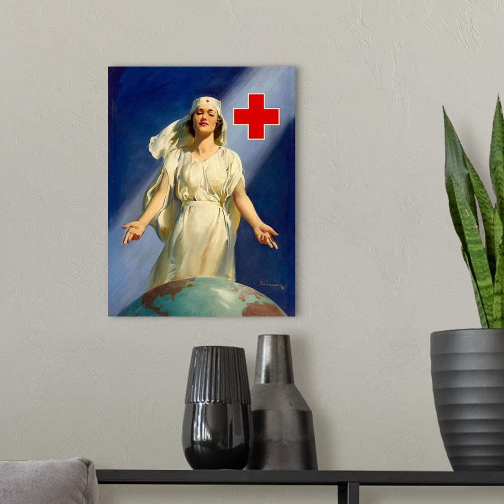 A modern room featuring Original oil painting for a WWII Red Cross poster with Red Cross nurse standing with open arms ov...