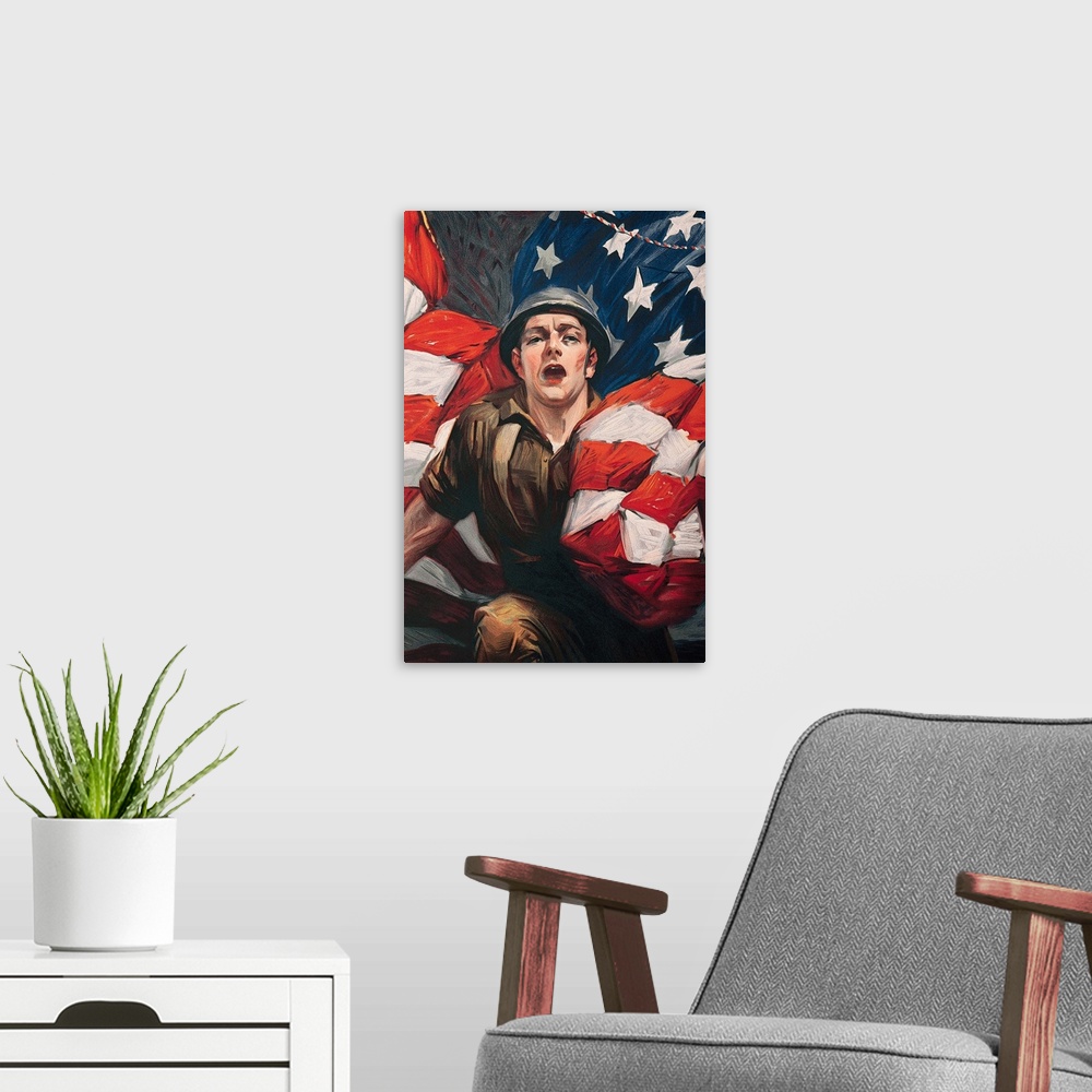 A modern room featuring World War one poster of soldier and US flag