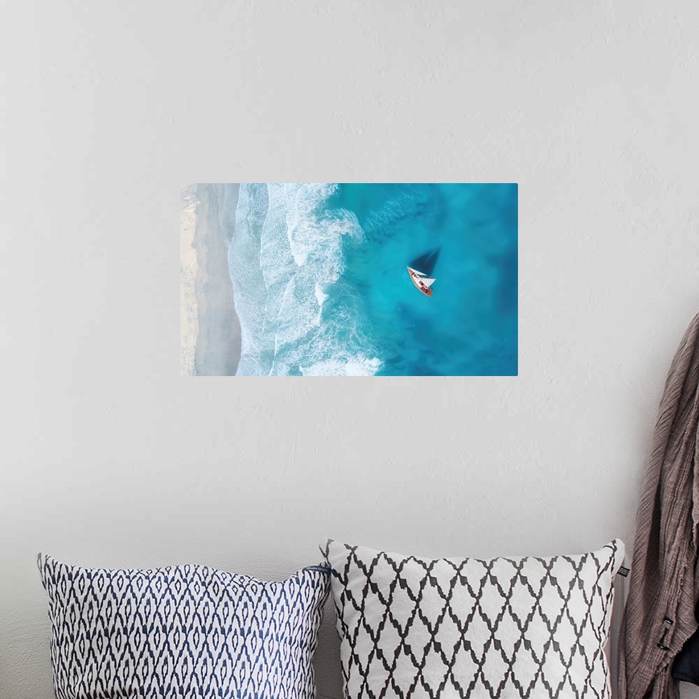 A bohemian room featuring Yacht on the water surface from top view. Turquoise water background from top view. Summer seasca...