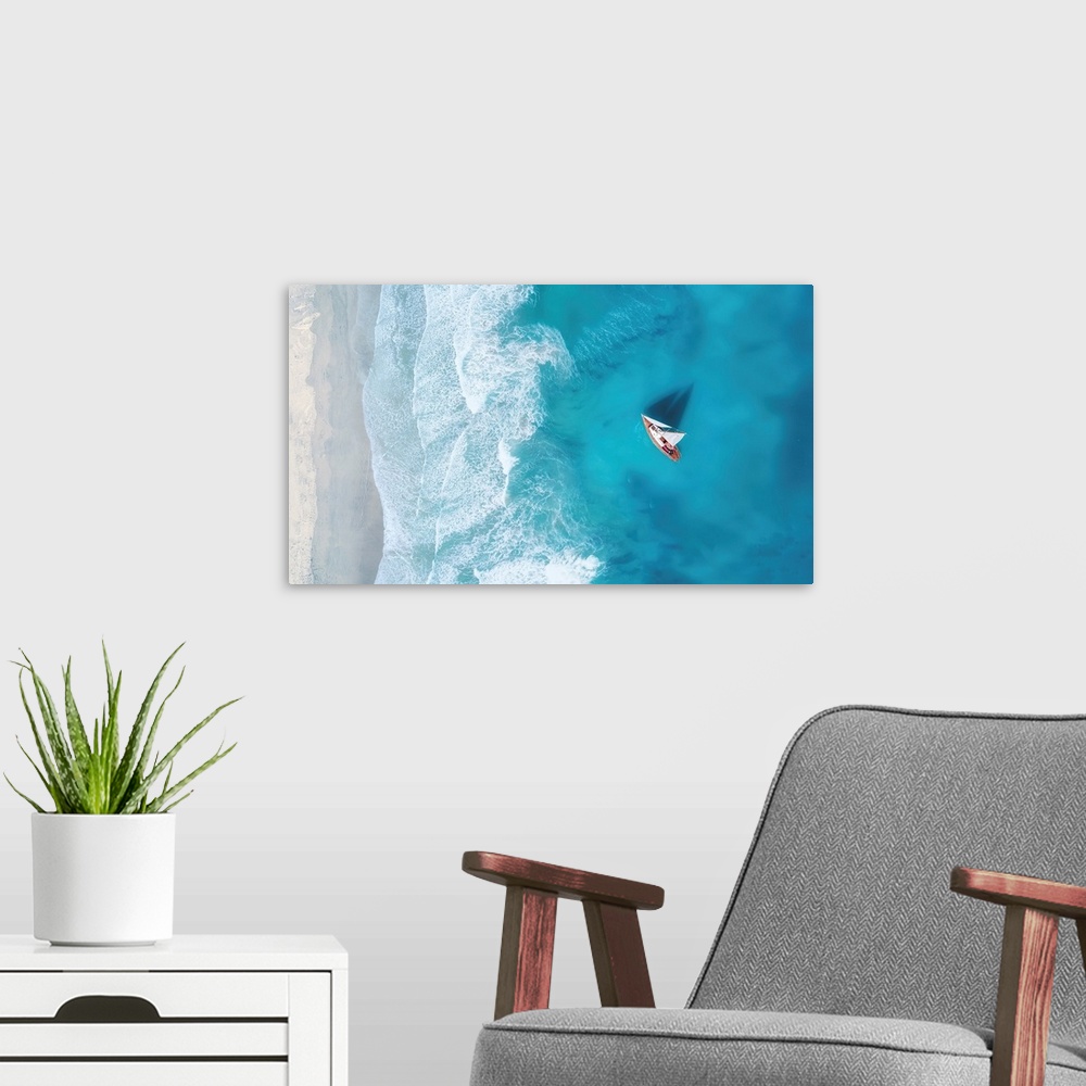 A modern room featuring Yacht on the water surface from top view. Turquoise water background from top view. Summer seasca...