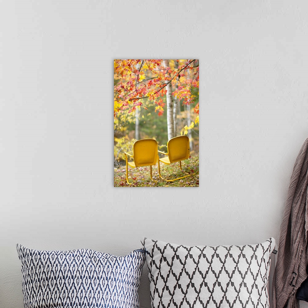 A bohemian room featuring Yellow Chairs And Fall Foliage