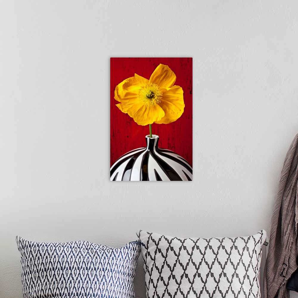 A bohemian room featuring Yellow Iceland Poppy in striped vase against red wooden wall