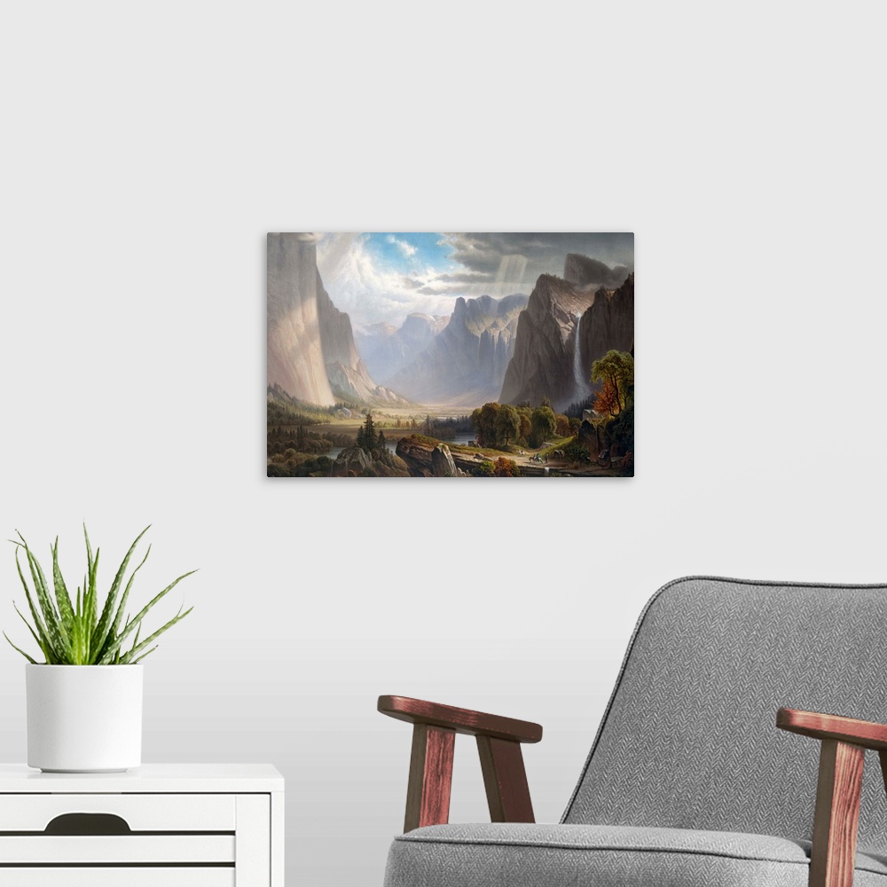 A modern room featuring Yosemite Valley with Bridal Falls and Half-Dome in the Distance, chromolithograph after a paintin...