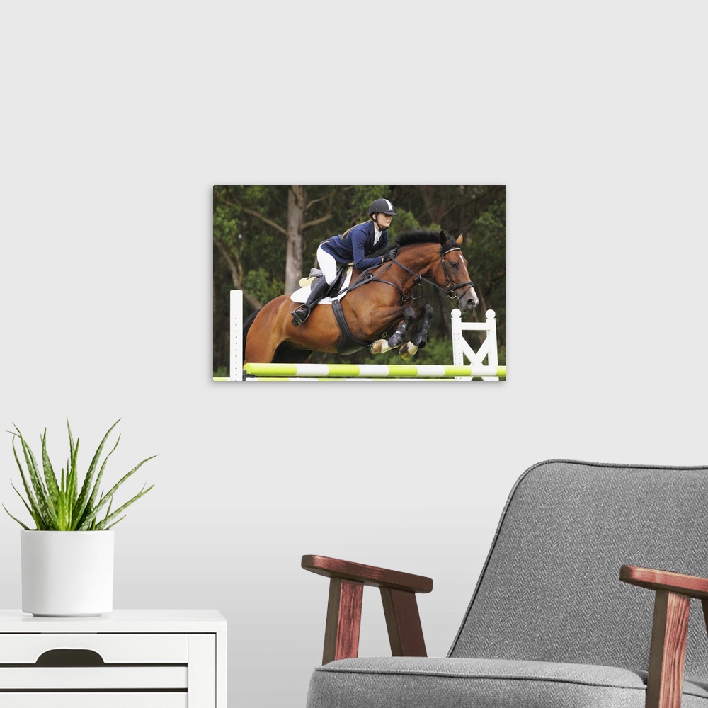 A modern room featuring Young Woman Horseback Rider Jumping Fence