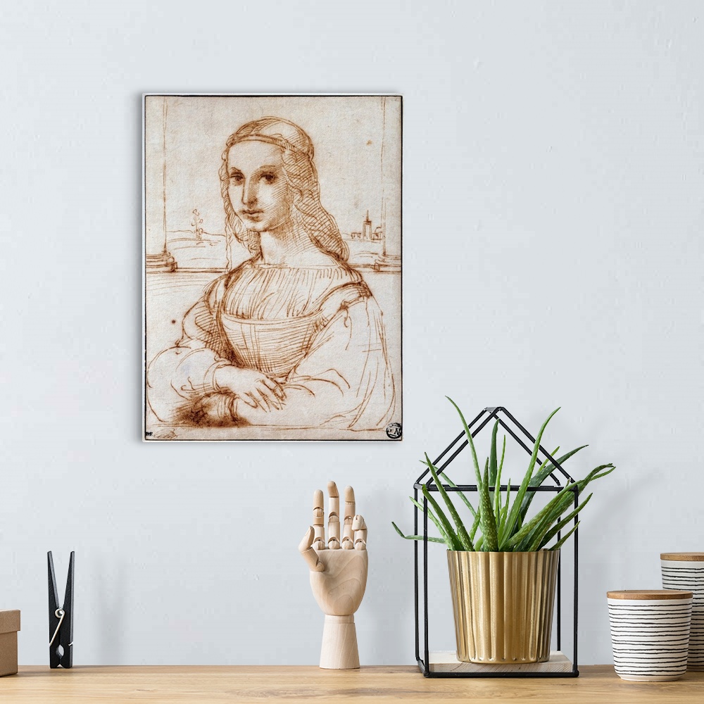 A bohemian room featuring Portrait of a Florentine noblewoman, also called Young woman on a balcony - Pen and ink sketch by...