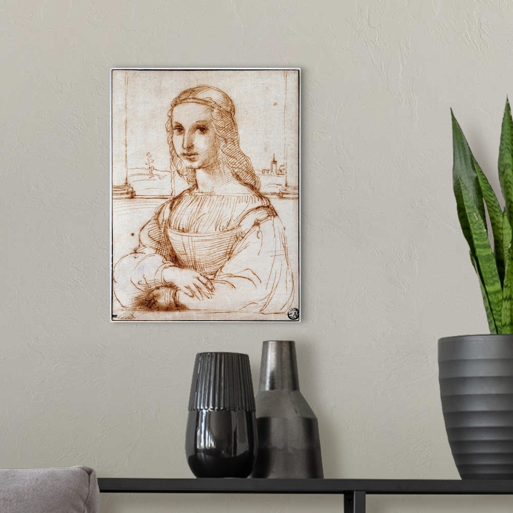 A modern room featuring Portrait of a Florentine noblewoman, also called Young woman on a balcony - Pen and ink sketch by...