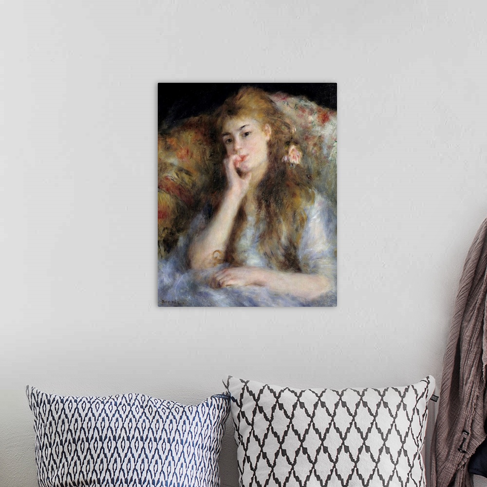 A bohemian room featuring Young woman seated or The Thought. Painting by Pierre Auguste Renoir (1841-1919), 1876. Private c...