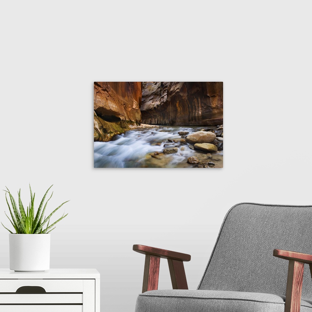 A modern room featuring The Virgin River flowing through the Zion canyon narrows, Zion National Park Utah USA