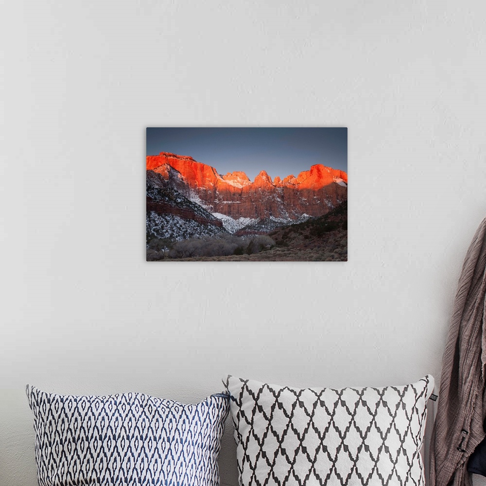 A bohemian room featuring USA, Utah, Zion National Park, Towers of the Virgin, el. 7505 feet, winter, sunrise