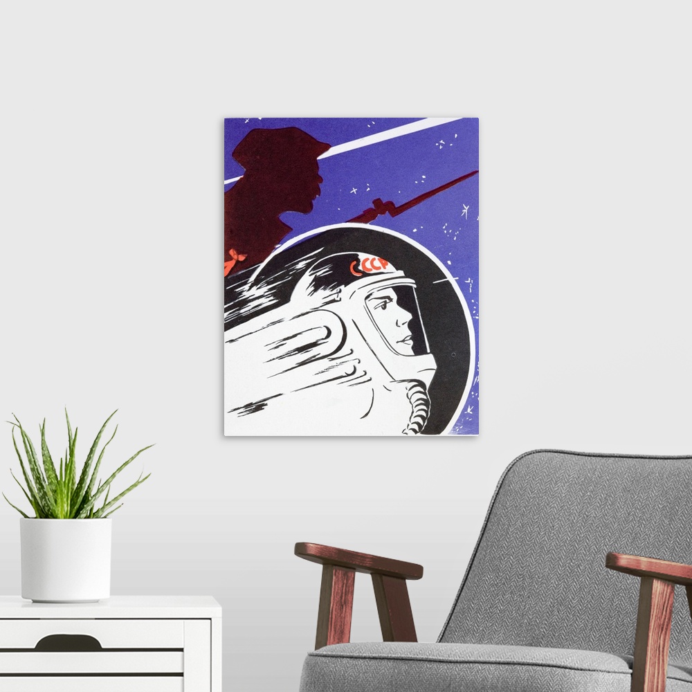 A modern room featuring Soviet propaganda poster of a Soviet cosmonaut in front of what is obviously a soldier of the 191...