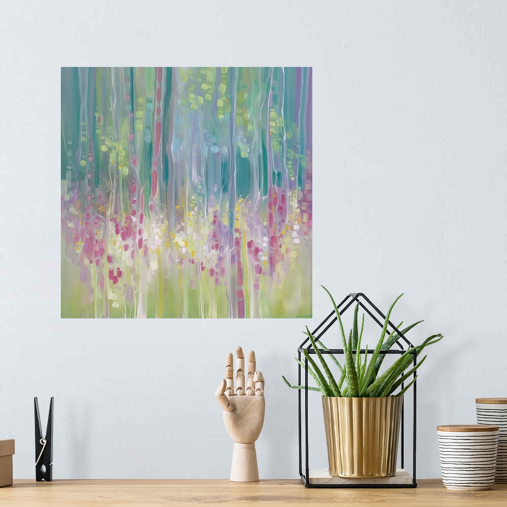 A bohemian room featuring Watercolor painting of an ethereal field full of flowers next to a forest.