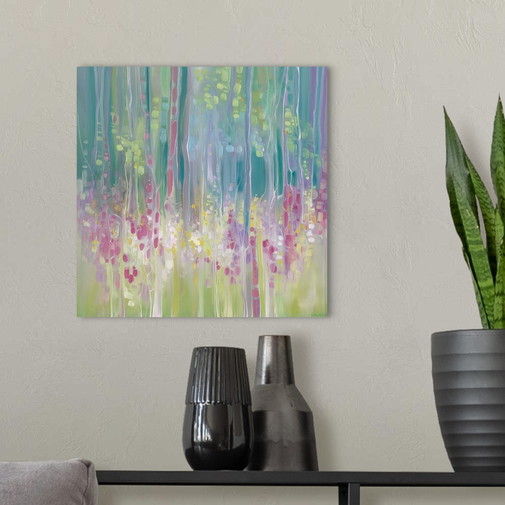 A modern room featuring Watercolor painting of an ethereal field full of flowers next to a forest.