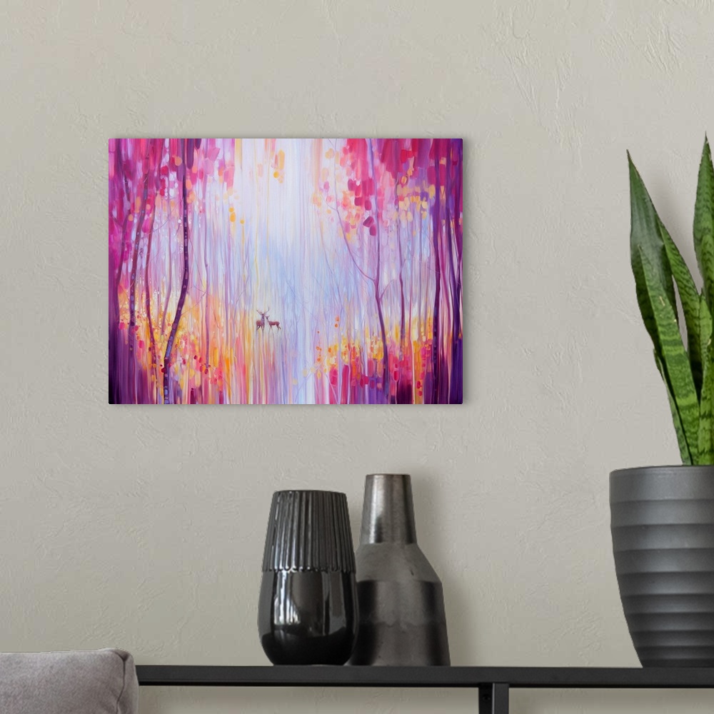 A modern room featuring Watercolor painting of deer, deep within a colorful, dream-like forest.