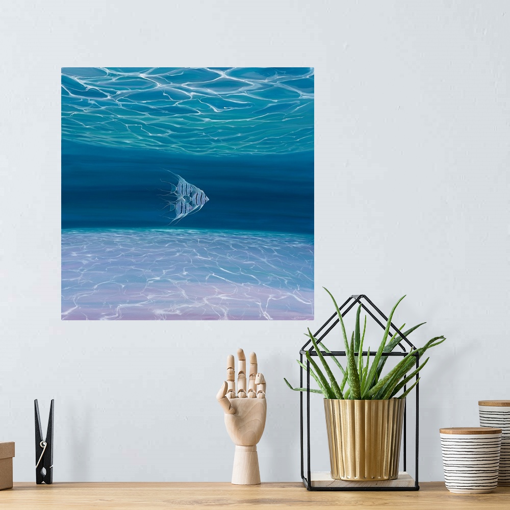A bohemian room featuring Painting of a single fish, deep within a blue sea.